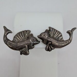 Vintage Sterling Silver Mexico Fish Earrings Screw Back Marlin Koi Fish Nautical